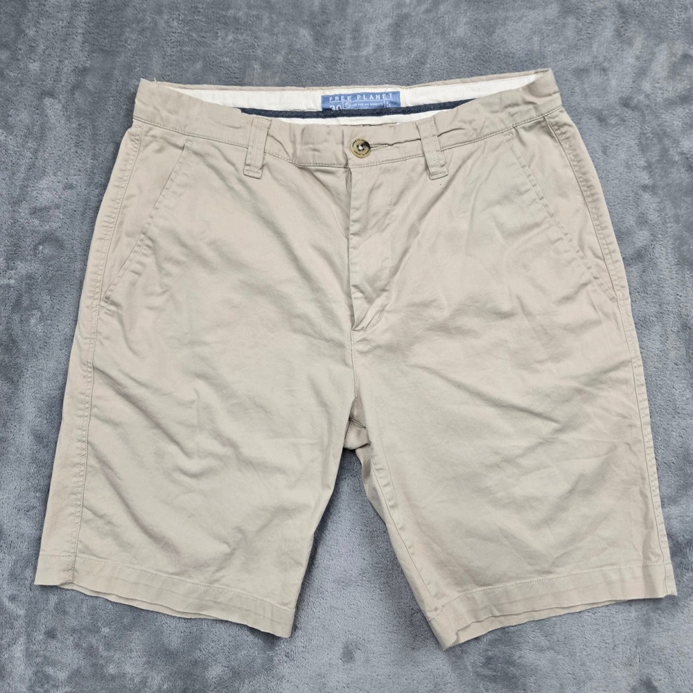 Free Planet Mens Size 30W Khaki Chino Shorts Tan Cotton Stretch Waist